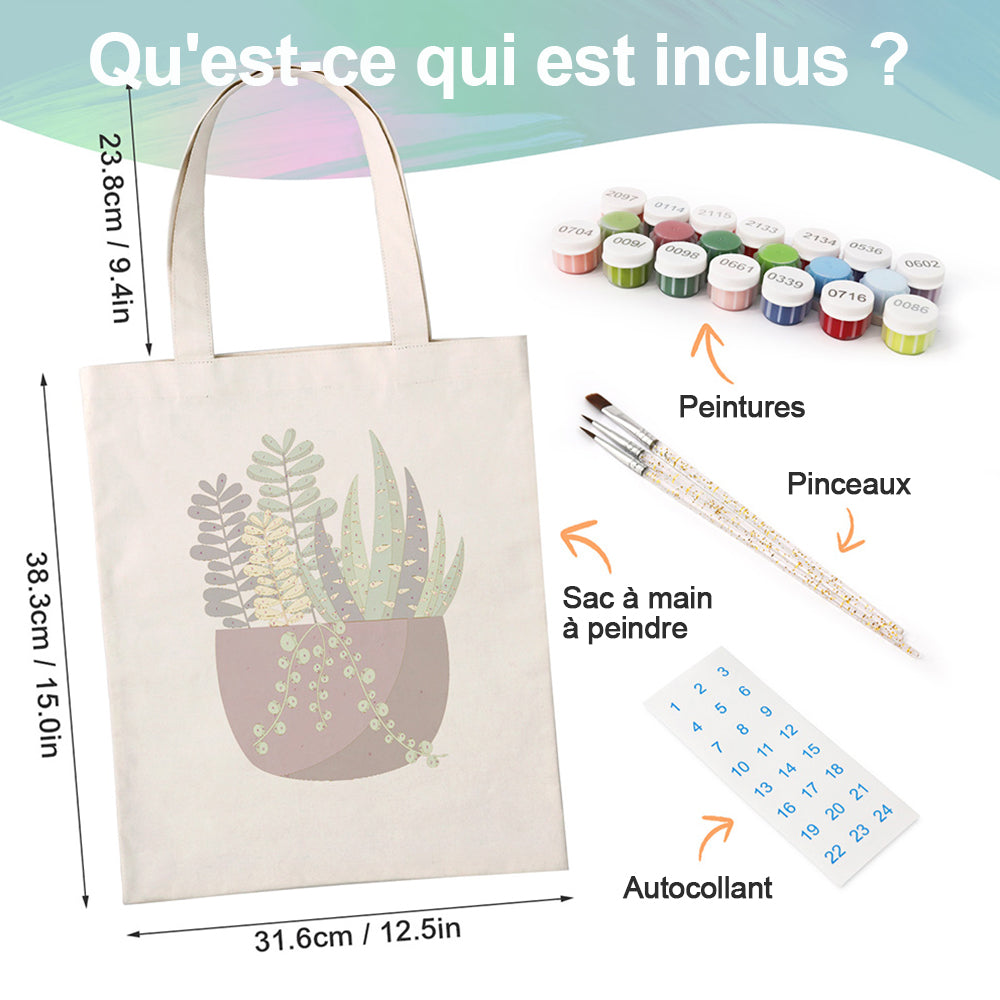 Sac Toile Petite Plante Verte en Pot Peinture par Numéros