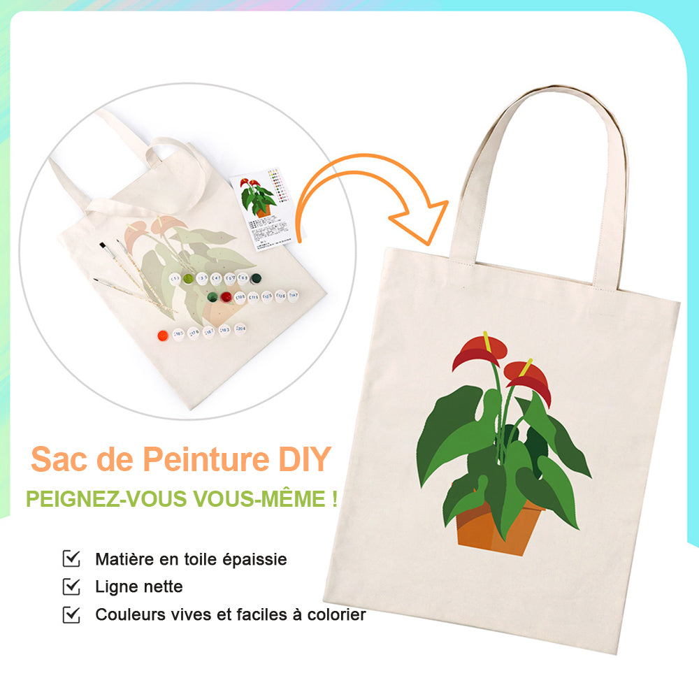Sac Toile Plantes en Pot à Fleur Rouge et Feuille Verte Peinture par Numéros