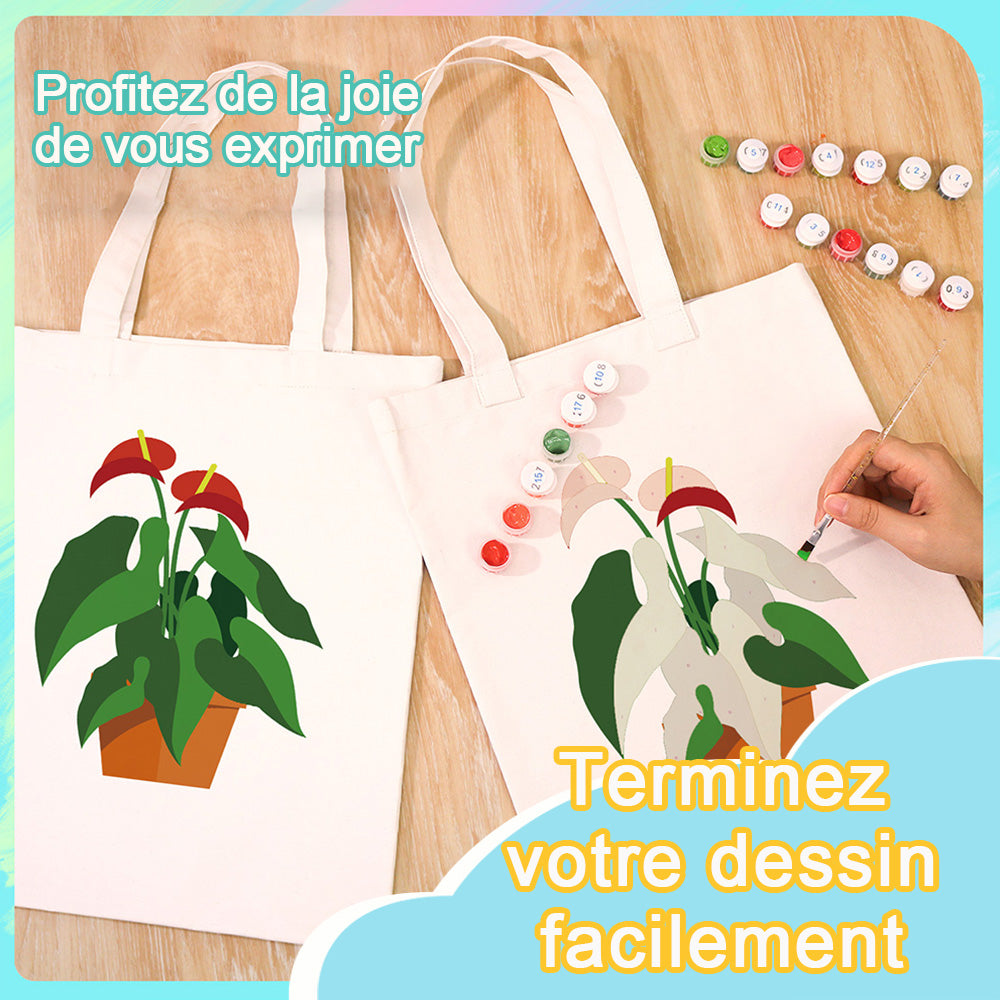 Sac Toile Plantes en Pot à Fleur Rouge et Feuille Verte Peinture par Numéros