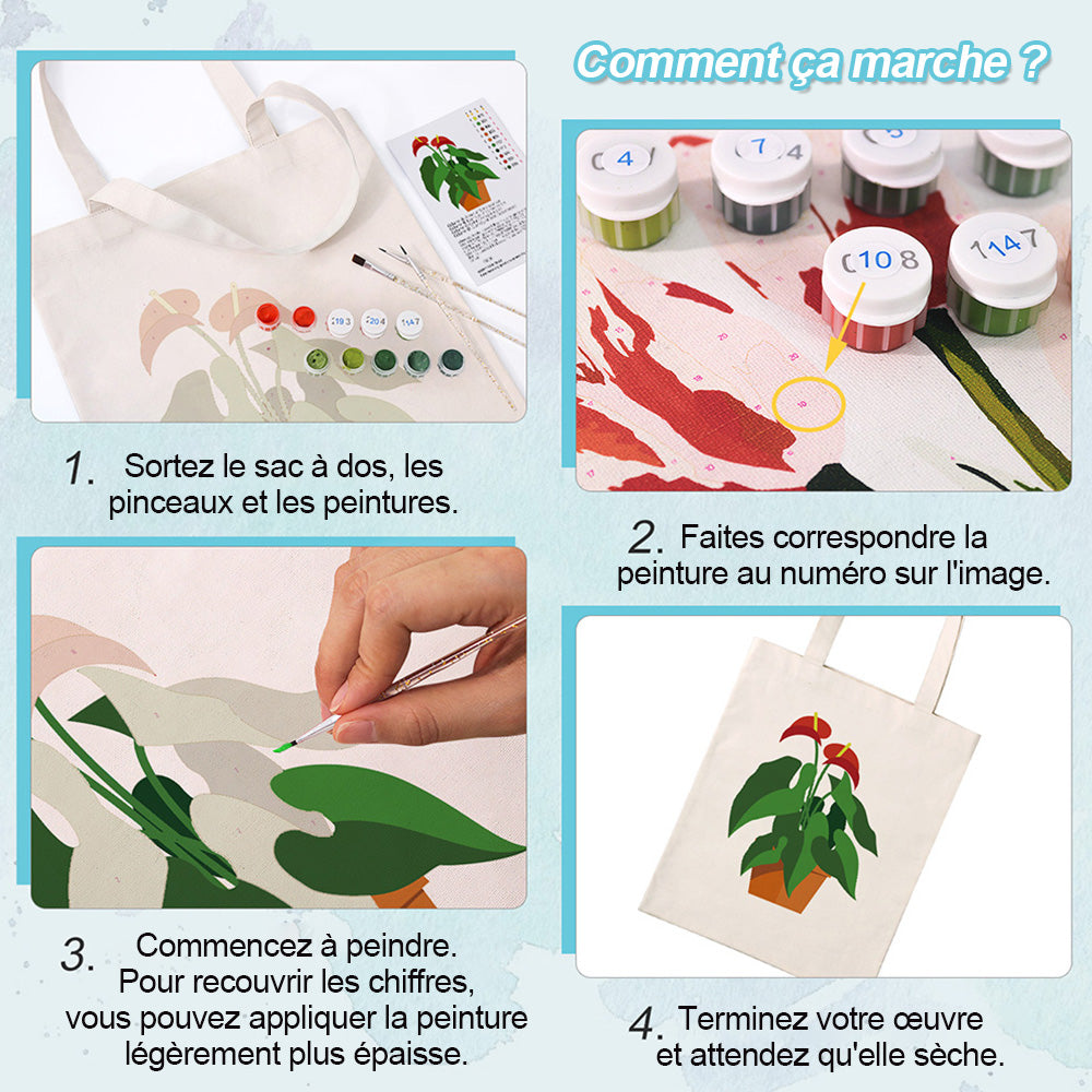 Sac Toile Plantes en Pot à Fleur Rouge et Feuille Verte Peinture par Numéros