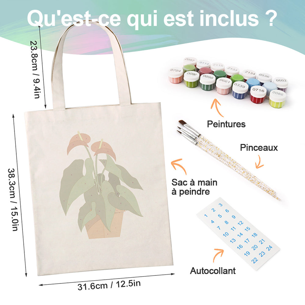 Sac Toile Plantes en Pot à Fleur Rouge et Feuille Verte Peinture par Numéros