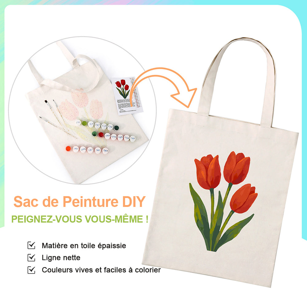 Sac Toile Tulipes Rouges Peinture par Numéros