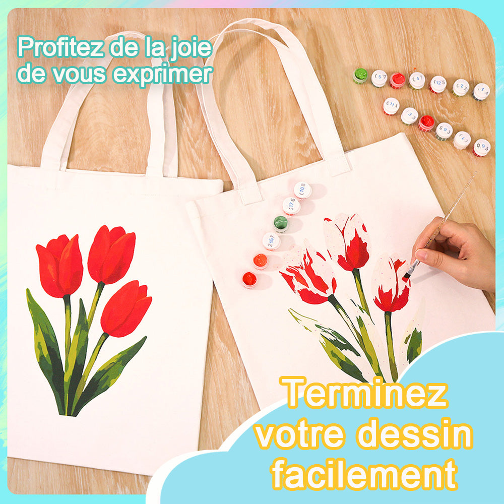 Sac Toile Tulipes Rouges Peinture par Numéros