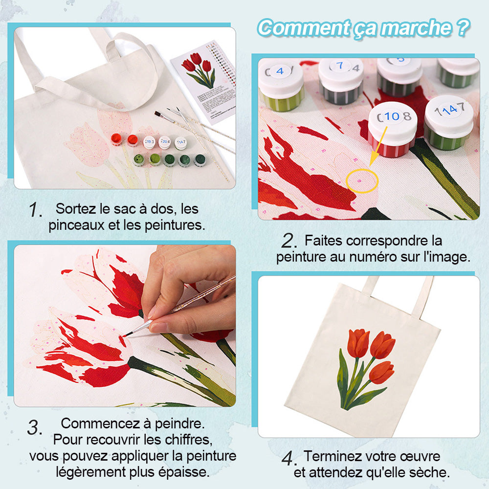Sac Toile Tulipes Rouges Peinture par Numéros