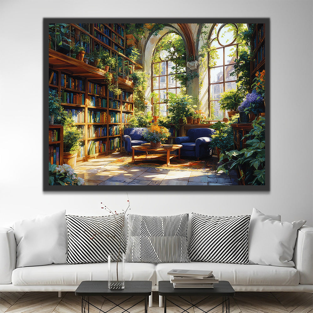 Salle d'Étude Remplie de Plantes Vertes et de Bibliothèques Peinture par Numéros