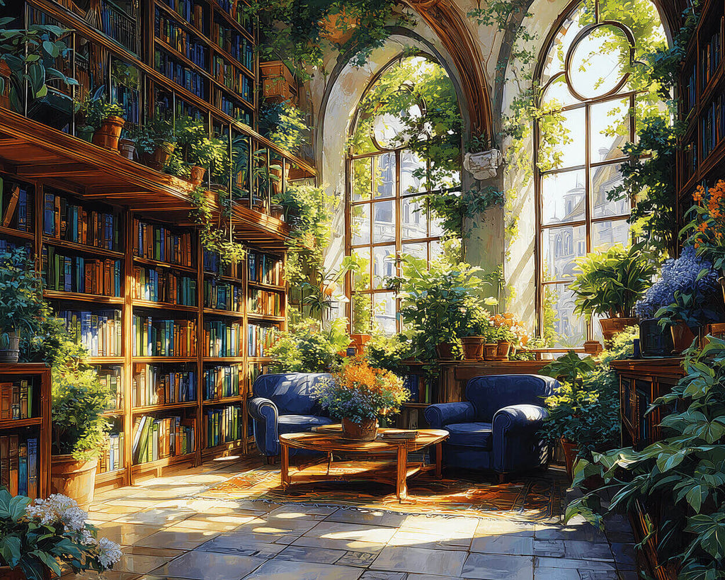 Salle d'Étude Remplie de Plantes Vertes et de Bibliothèques Peinture par Numéros