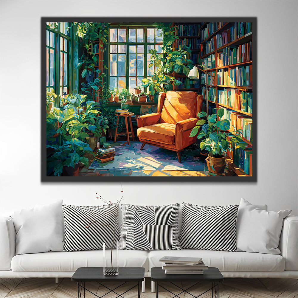 Salle d’Étude Remplie de Plantes Vertes et de Livres Peinture par Numéros