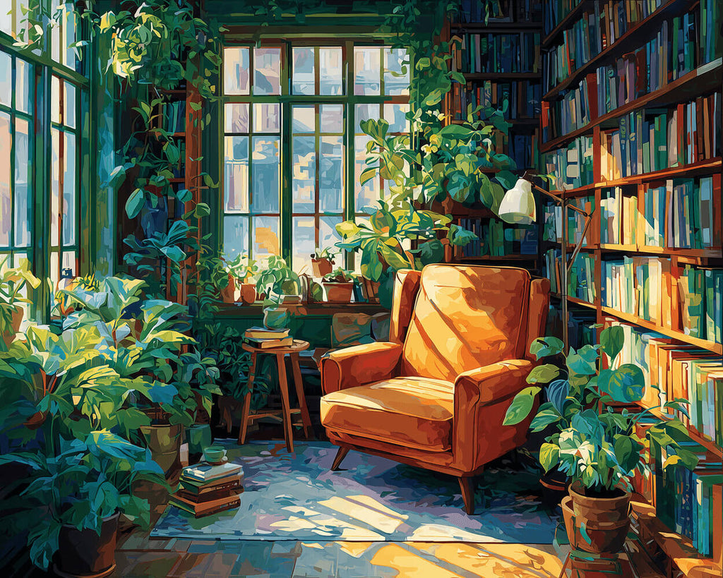 Salle d’Étude Remplie de Plantes Vertes et de Livres Peinture par Numéros