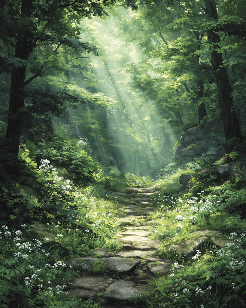 Sentier dans la Forêt Ensoleillée Peinture par Numéros