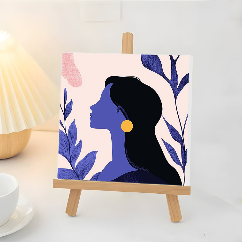 Silhouette Bleue de Femme et de Plante Mini Peinture par Numéros