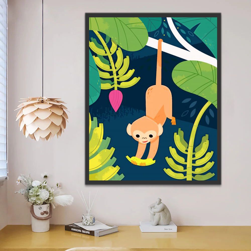 Singe Cueillant des Bananes Cartoon Enfants Peinture par Numéros