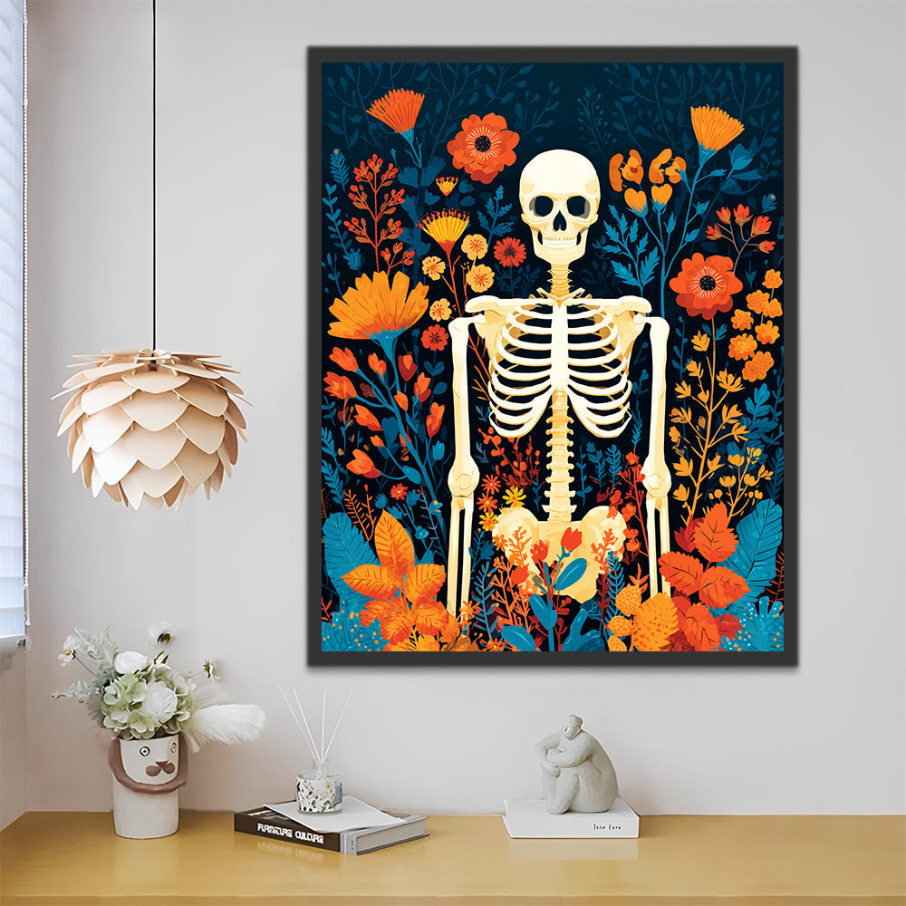 Squelette Blanc parmi les Fleurs Peinture par Numéros