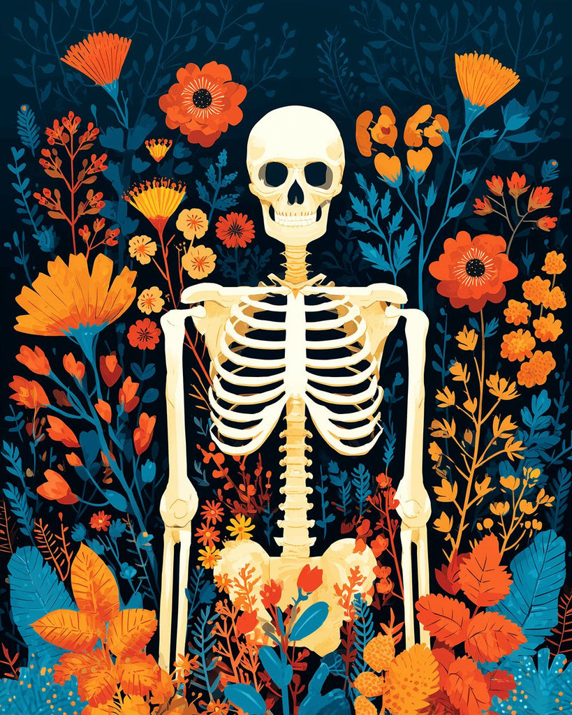 Squelette Blanc parmi les Fleurs Peinture par Numéros