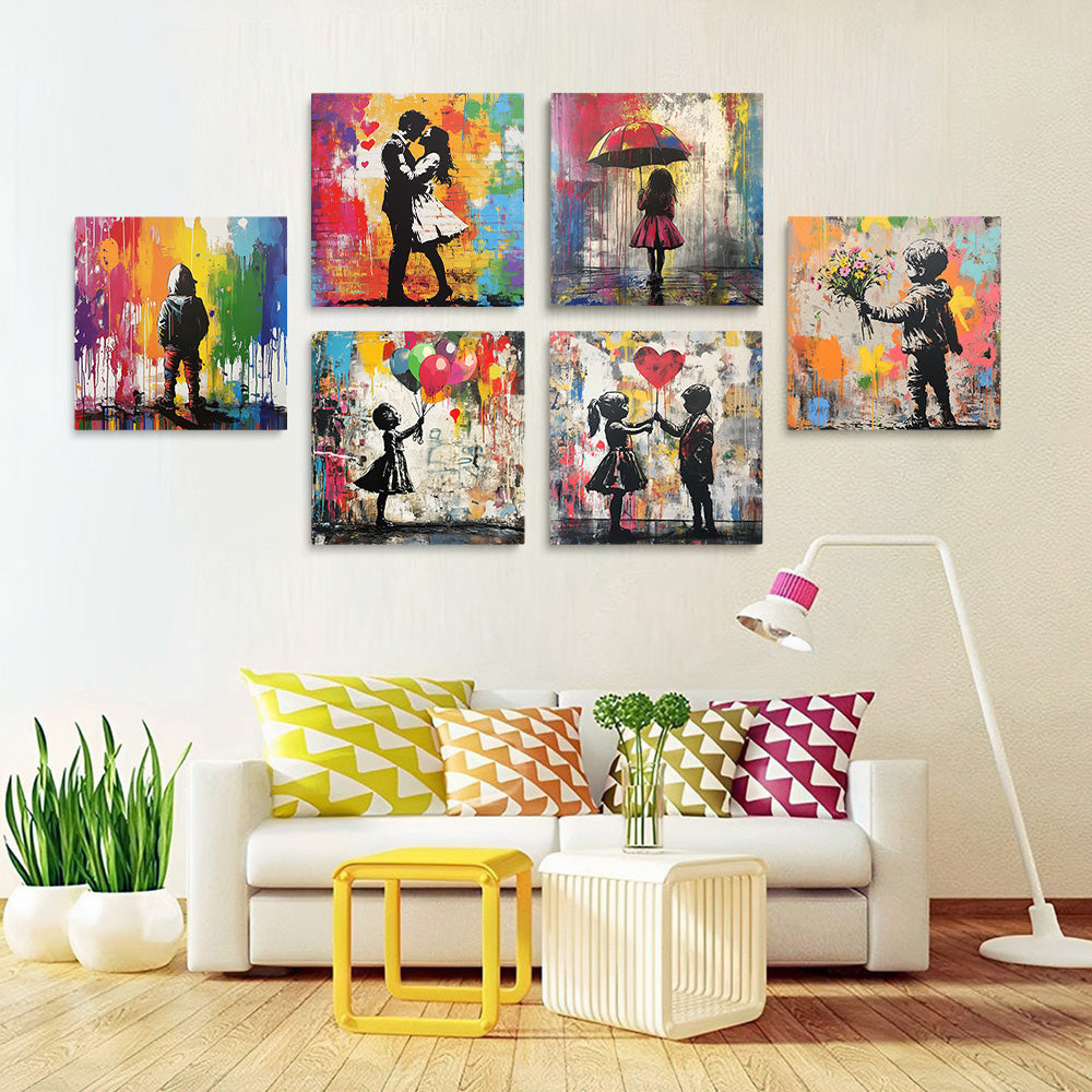 Style Graffiti Couple et Enfants 6 Mini Peintures par Numéros
