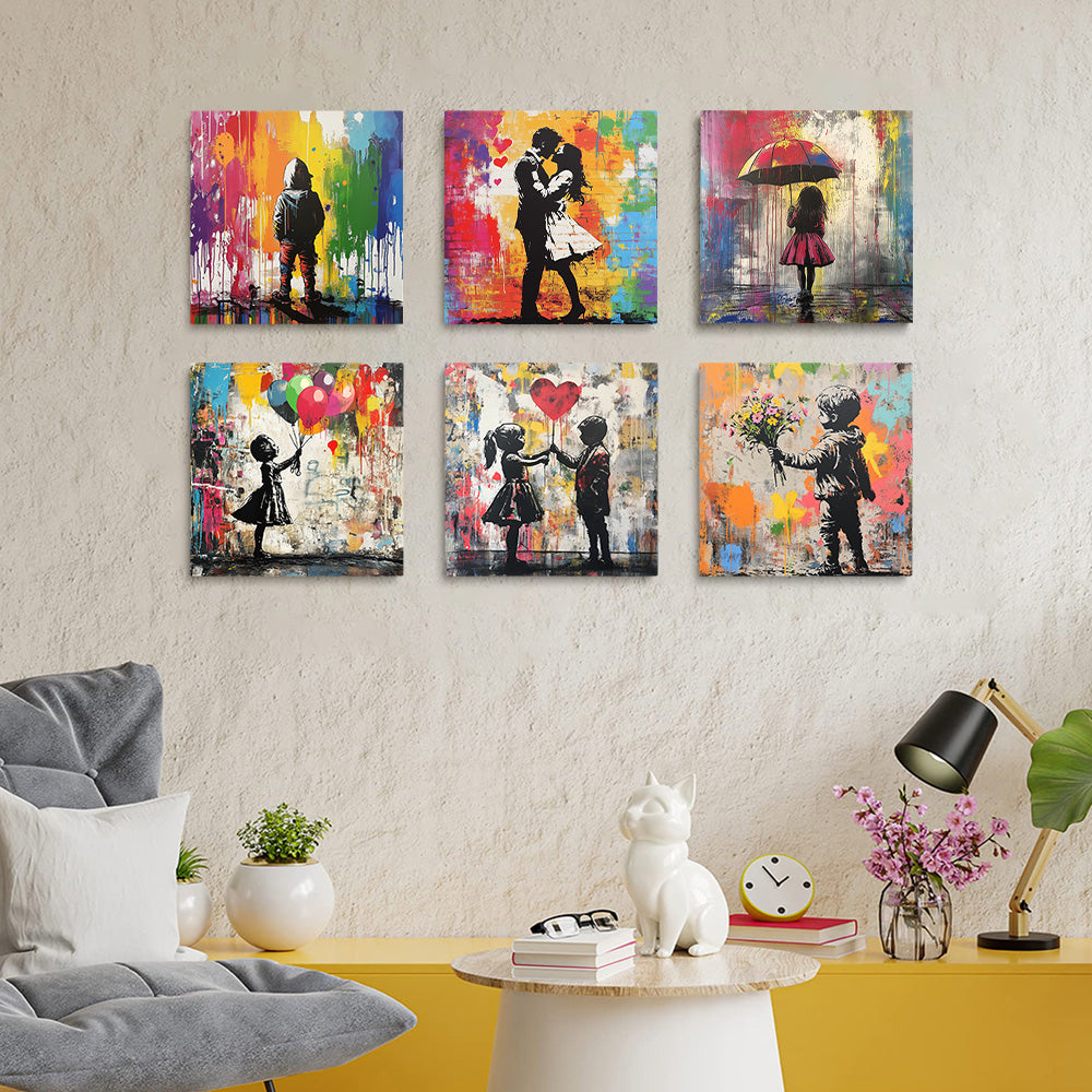 Style Graffiti Couple et Enfants 6 Mini Peintures par Numéros