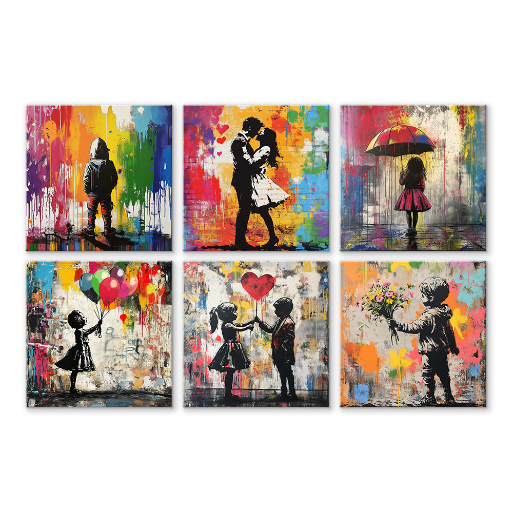 Style Graffiti Couple et Enfants 6 Mini Peintures par Numéros