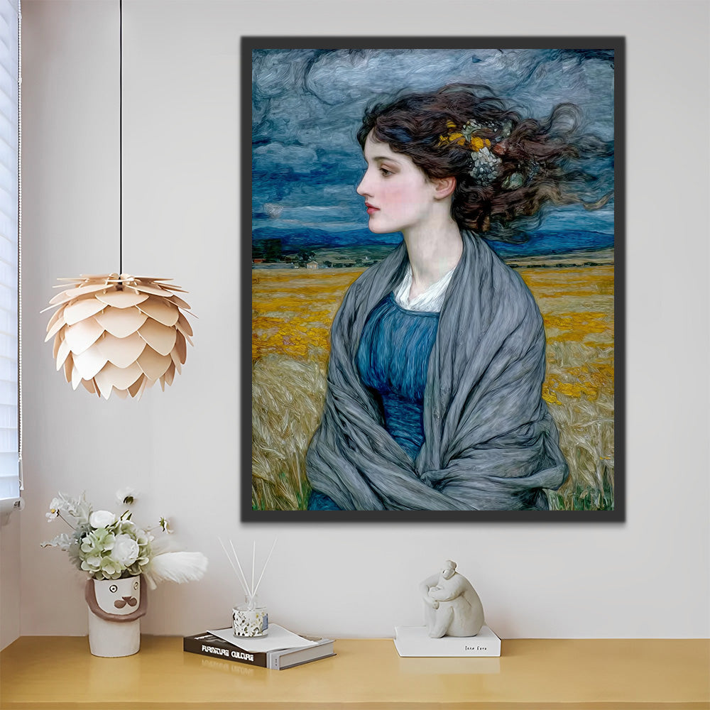 Style Van Gogh - Femme en Robe Bleue dans un Champ Peinture par Numéros