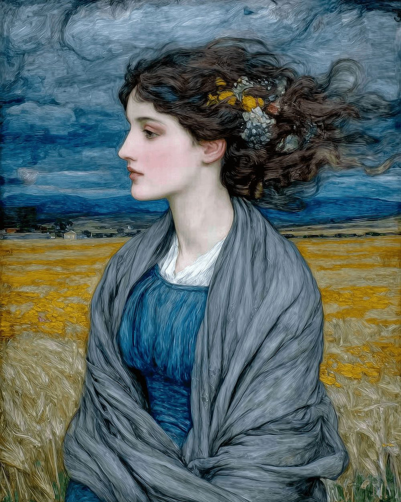 Style Van Gogh - Femme en Robe Bleue dans un Champ Peinture par Numéros