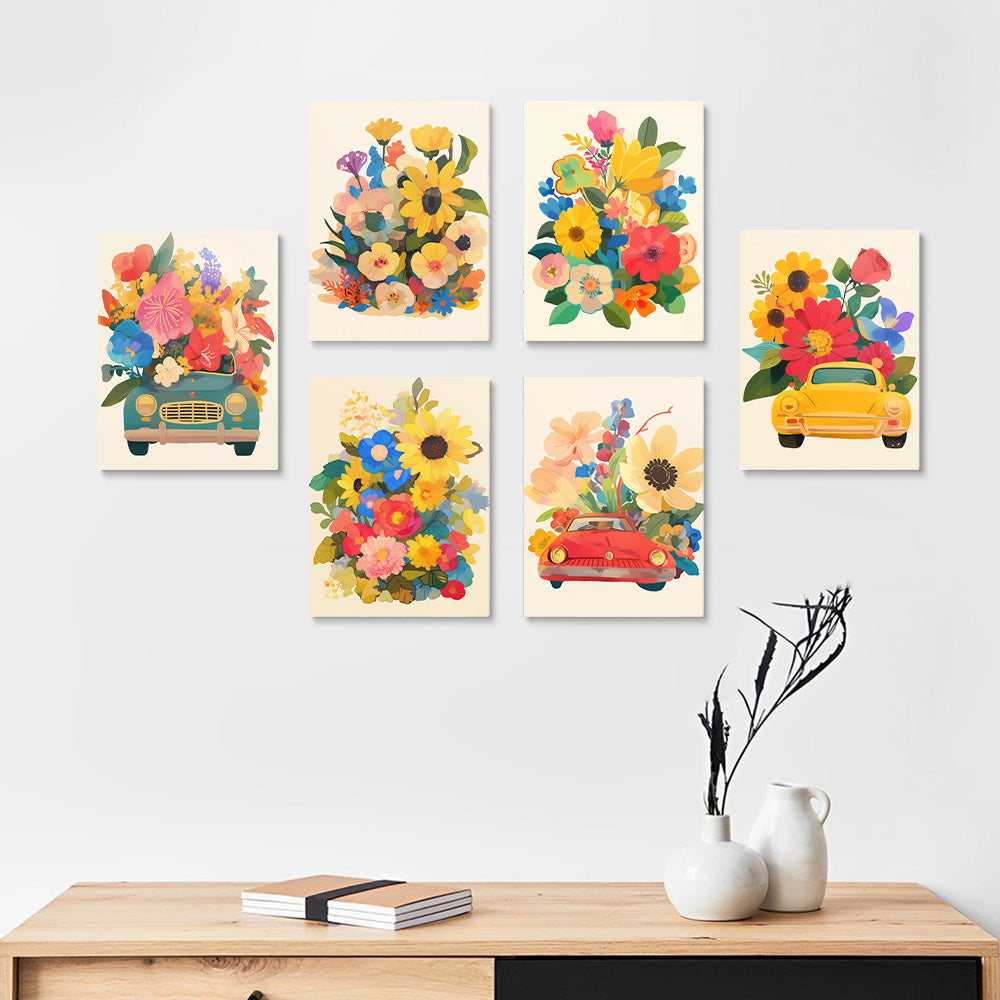 Superbes Fleurs dans les Voitures 6 Mini Peintures par Numéros