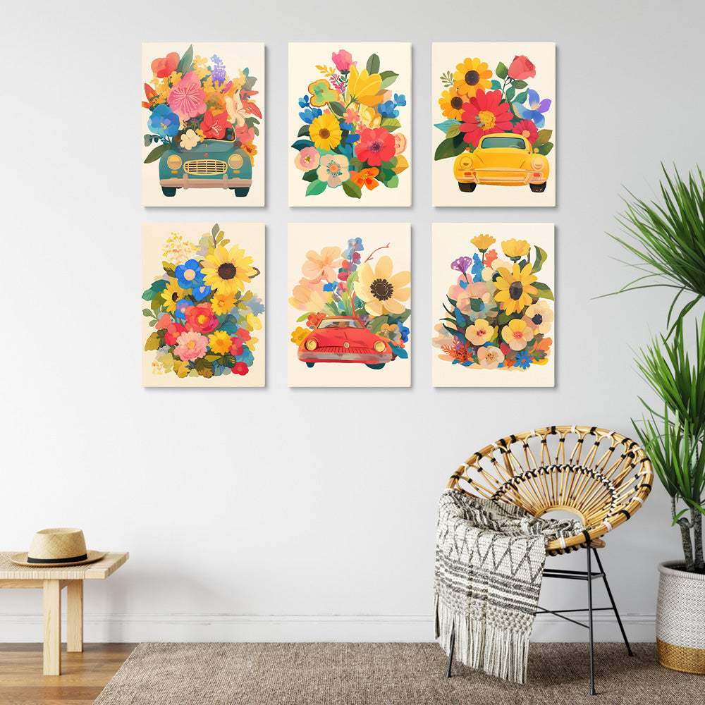 Superbes Fleurs dans les Voitures 6 Mini Peintures par Numéros