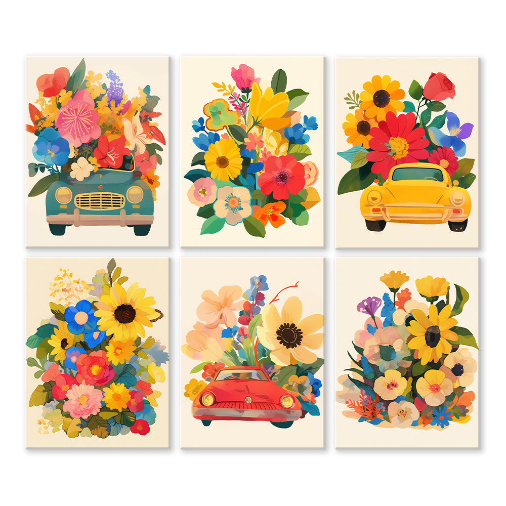Superbes Fleurs dans les Voitures 6 Mini Peintures par Numéros