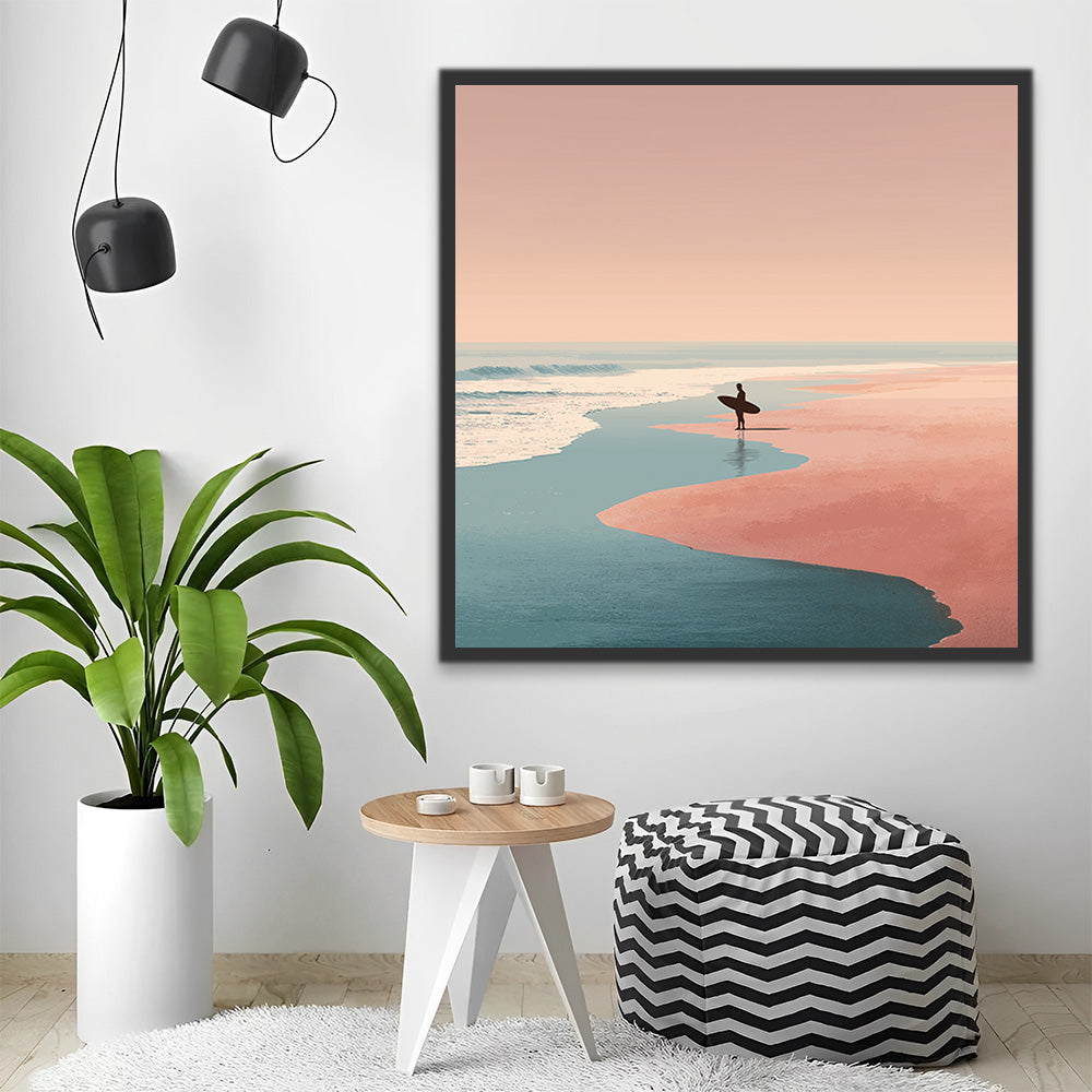 Surfeur sur une Plage de Sable Rose Peinture par Numéros