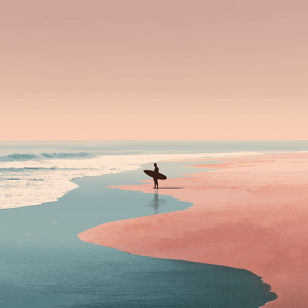 Surfeur sur une Plage de Sable Rose Peinture par Numéros