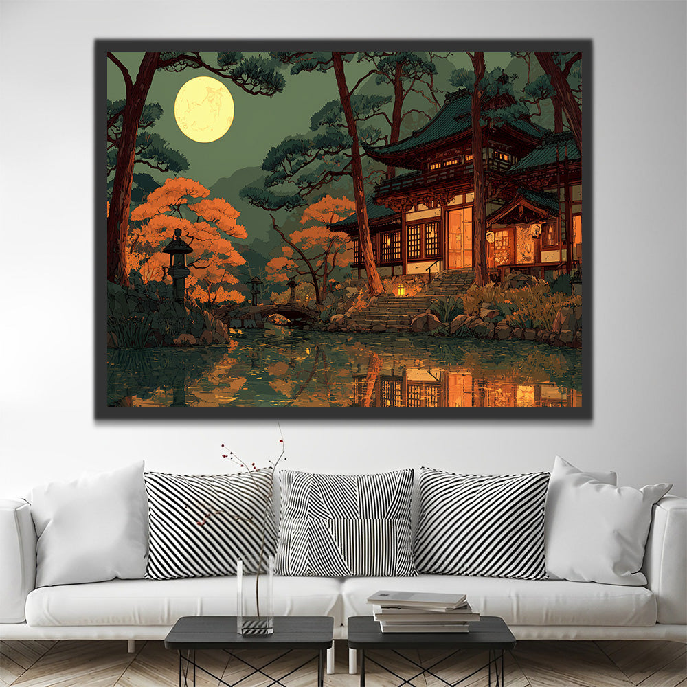 Temple au Bord du Lac et Ombres des Arbres au Clair de Lune Peinture par Numéros