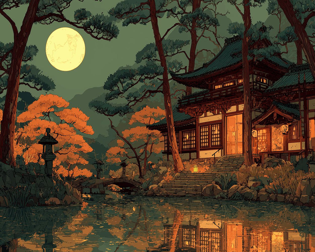 Temple au Bord du Lac et Ombres des Arbres au Clair de Lune Peinture par Numéros