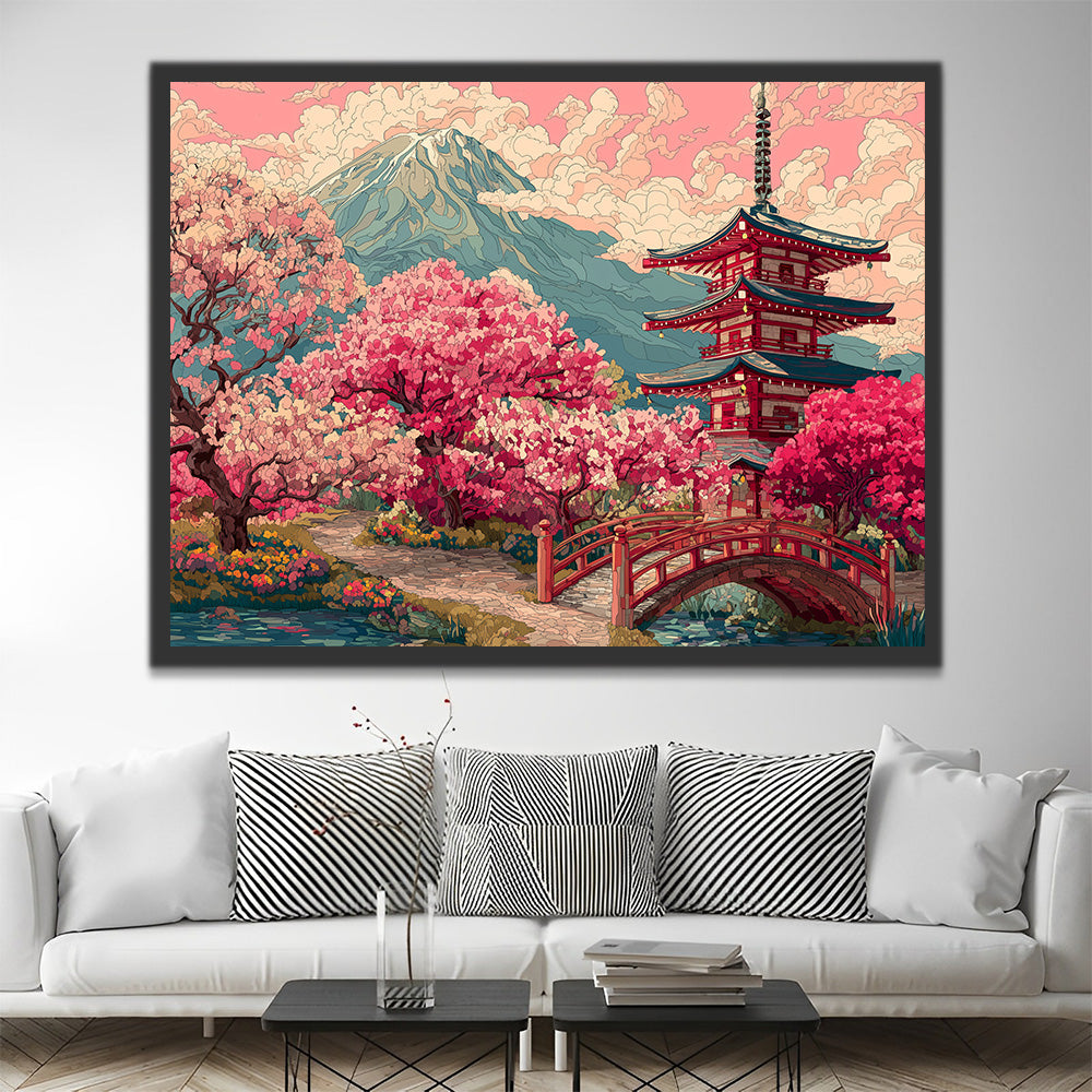Temple et Arbres à Fleurs Rouges dans les Montagnes Peinture par Numéros