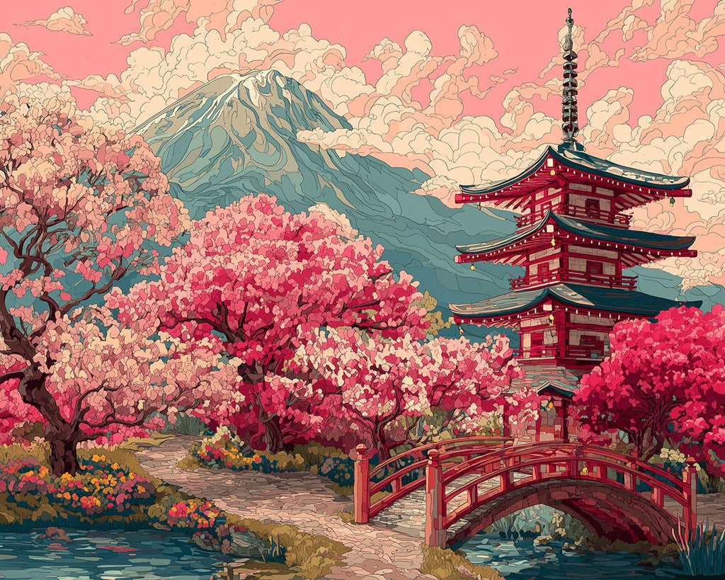 Temple et Arbres à Fleurs Rouges dans les Montagnes Peinture par Numéros