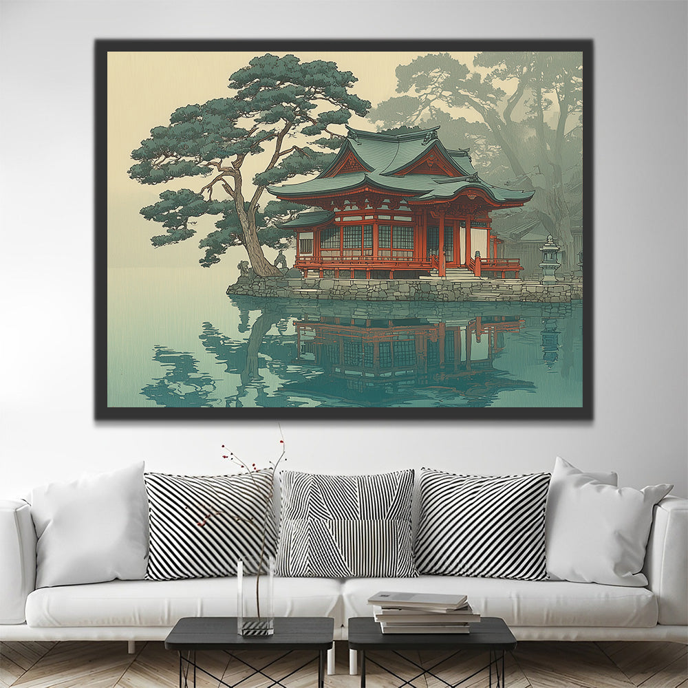 Temple et Arbres au Bord du Lac Peinture par Numéros