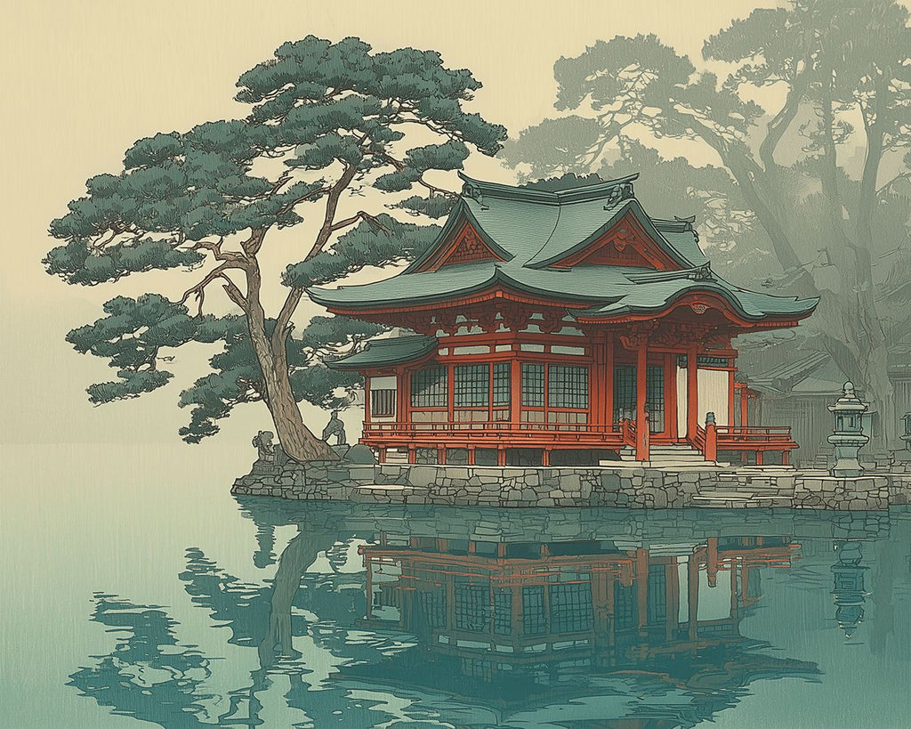 Temple et Arbres au Bord du Lac Peinture par Numéros