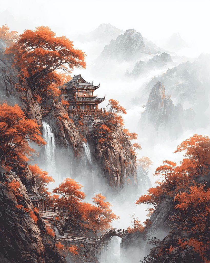 Temples et Érables sur les Cimes Perçant les Nuages Peinture par Numéros