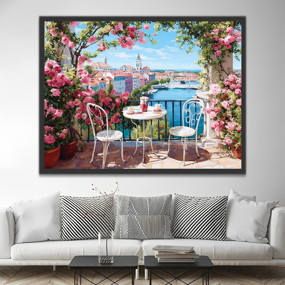 Terrasse Pleine de Roses Peinture par Numéros