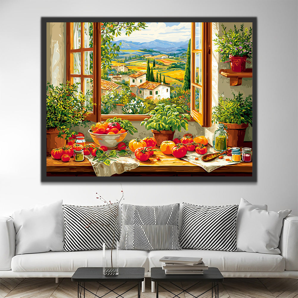 Tomates et Plantes Vertes en Pot sur le Rebord de Fenêtre Peinture par Numéros