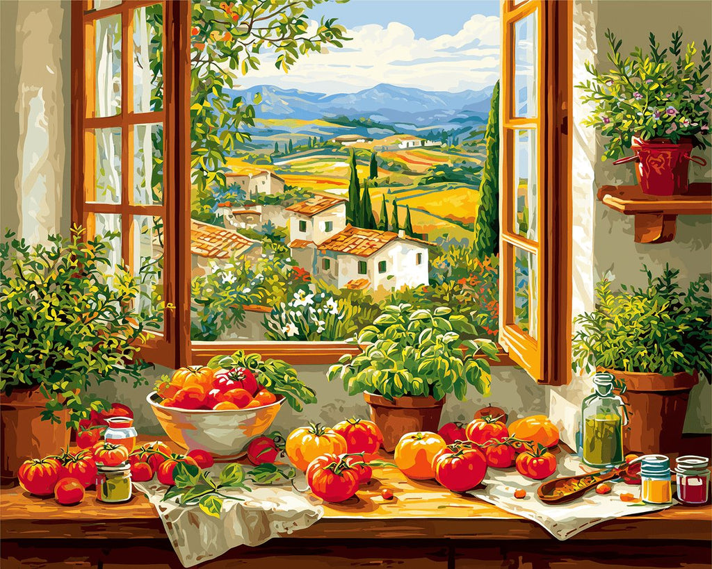 Tomates et Plantes Vertes en Pot sur le Rebord de Fenêtre Peinture par Numéros