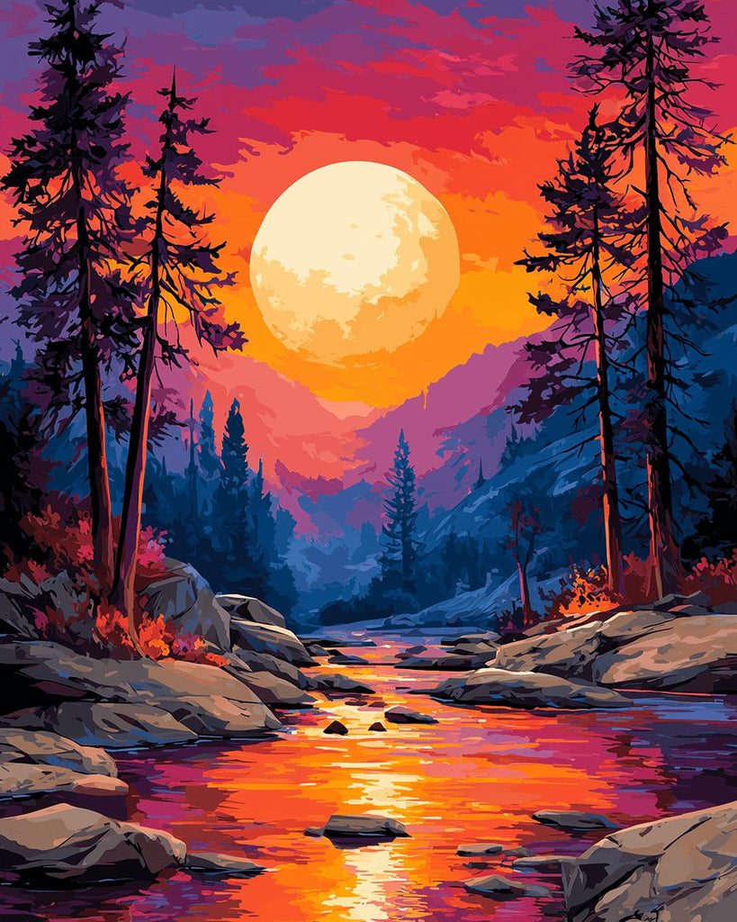 Torrent de Montagne au Coucher du Soleil Peinture par Numéros