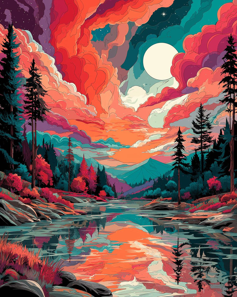 Torrent de Montagne sous les Nuages Colorés Peinture par Numéros