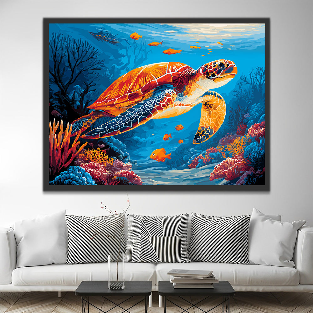 Tortues et Poissons Orange en Mer Profonde Peinture par Numéros