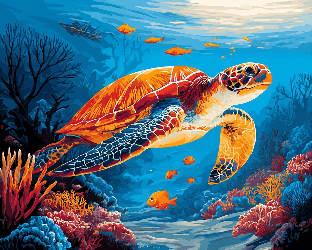Tortues et Poissons Orange en Mer Profonde Peinture par Numéros