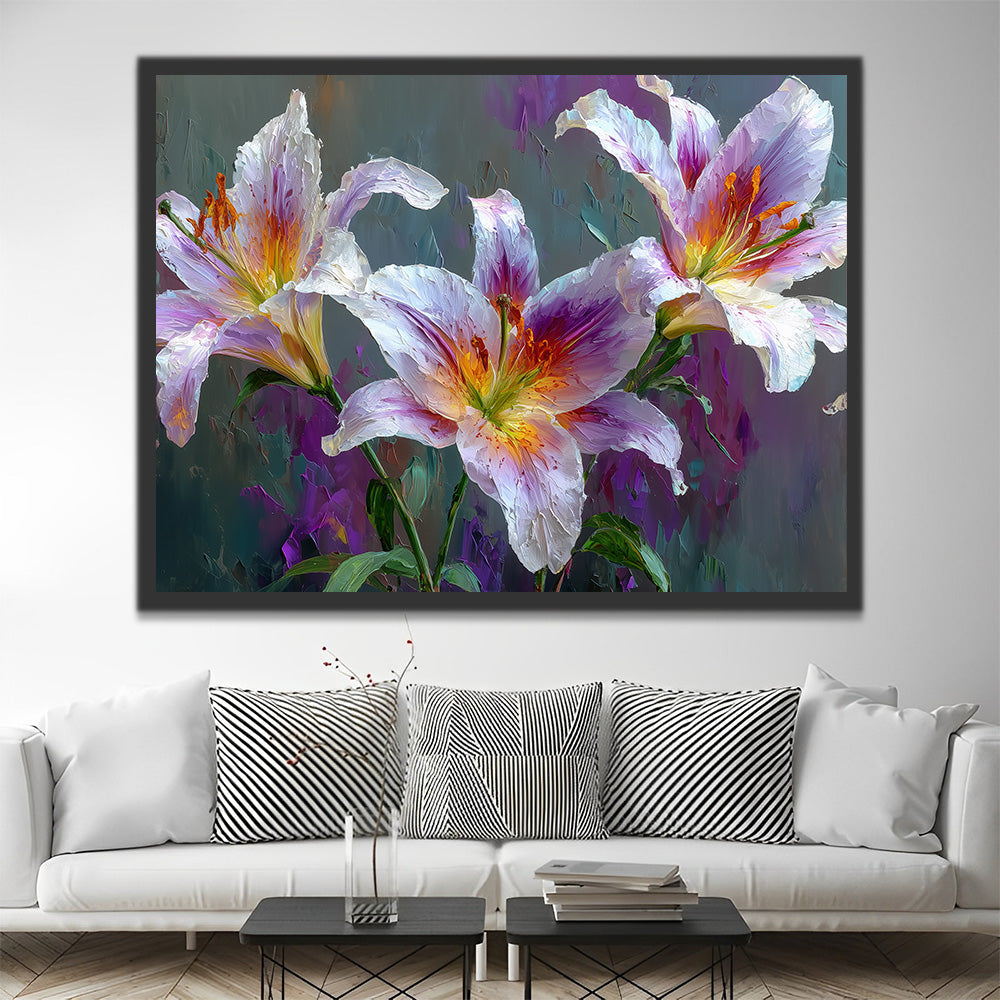 Trois Lys Blancs et Violets Peinture par Numéros