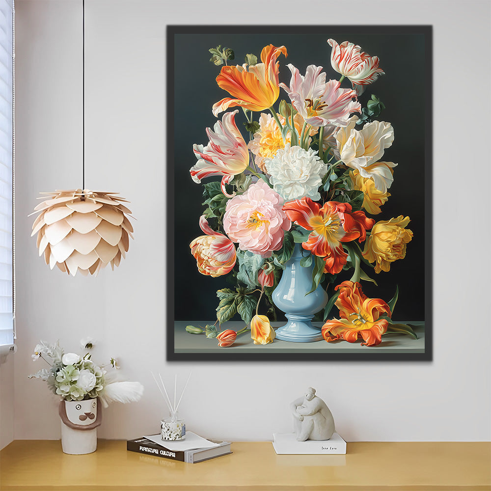 Tulipes Colorées dans un Vase en Porcelaine Bleue Peinture par Numéros