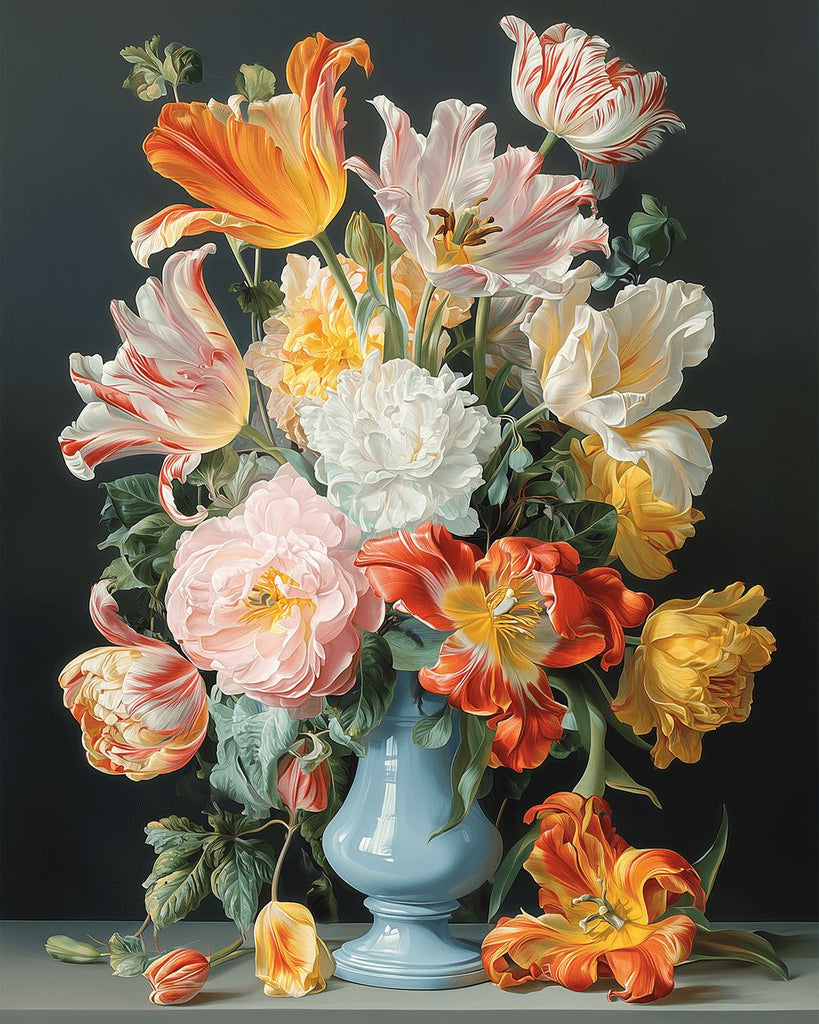 Tulipes Colorées dans un Vase en Porcelaine Bleue Peinture par Numéros