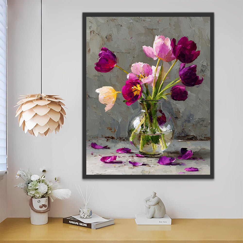 Tulipes Roses et Mauves dans un Vase en Verre Transparent Peinture par Numéros