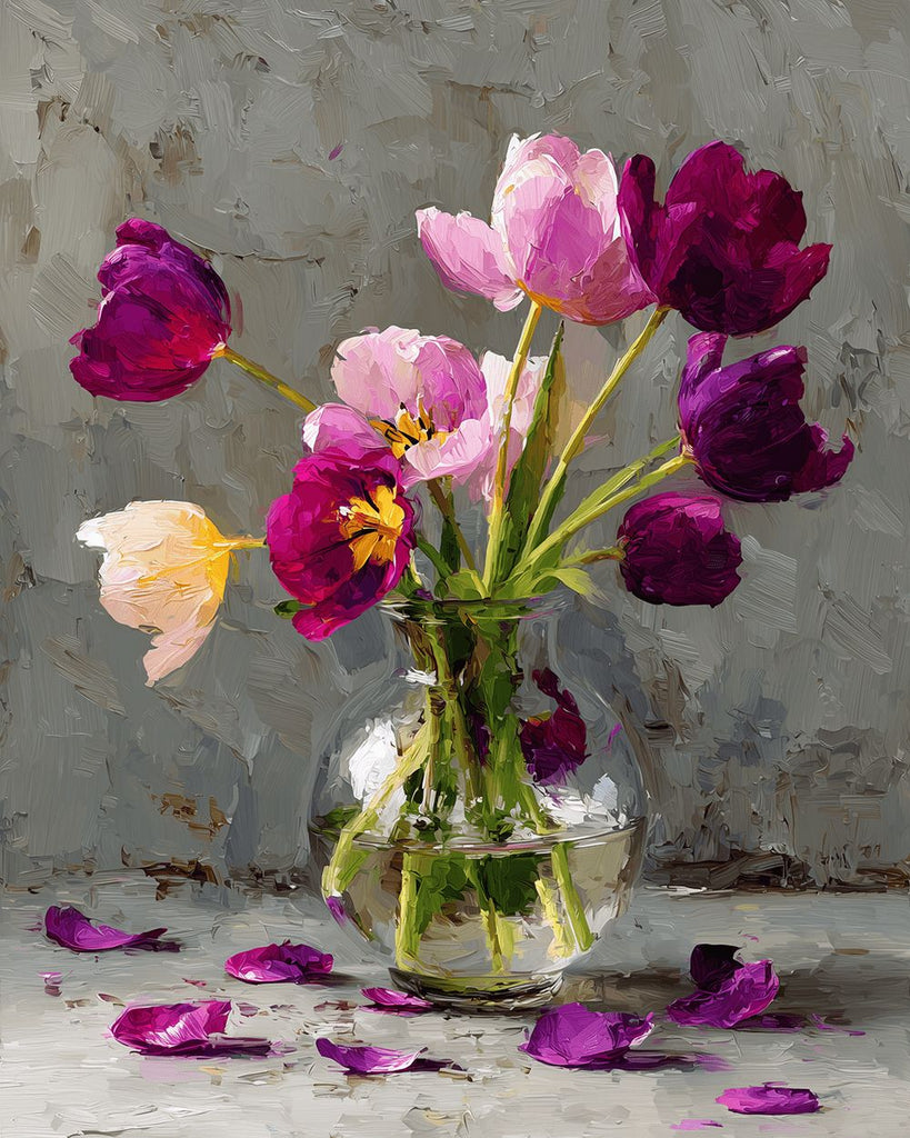 Tulipes Roses et Mauves dans un Vase en Verre Transparent Peinture par Numéros