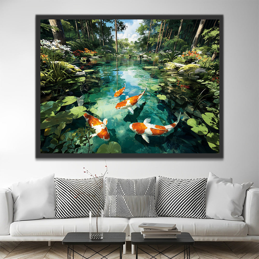 Un Groupe de Koi dans un Étang Forestier Peinture par Numéros