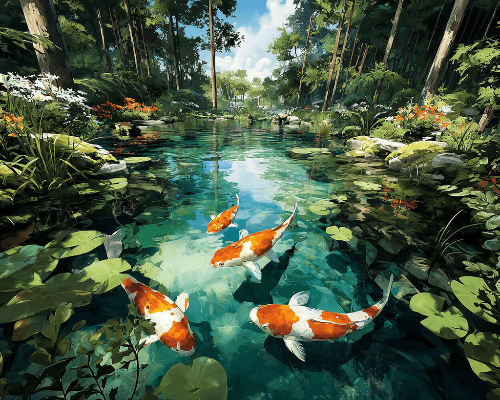 Un Groupe de Koi dans un Étang Forestier Peinture par Numéros