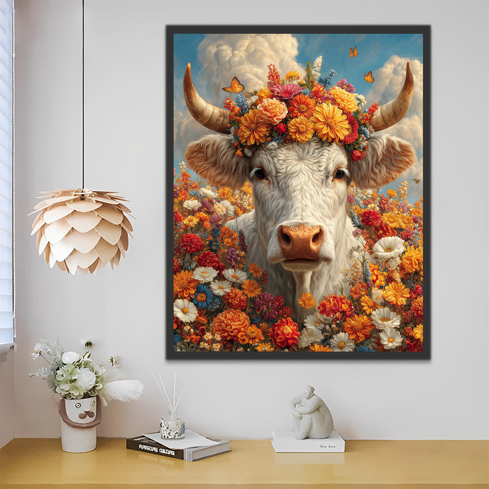 Vache Blanche parmi des Chrysanthèmes Orange Peinture par Numéros