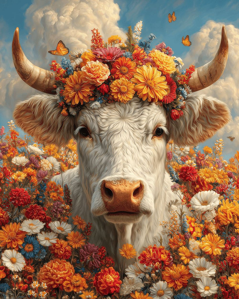 Vache Blanche parmi des Chrysanthèmes Orange Peinture par Numéros